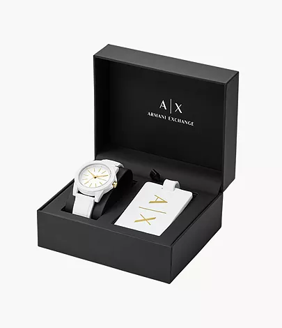 Armani Exchange Three-Hand White Silicone Watch and Luggage Tag Gift Set -  AX7126 - Watch Station