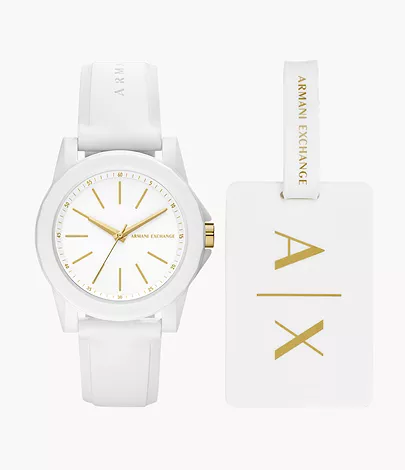 Armani Exchange Three-Hand White Silicone Watch and Luggage Tag Gift Set -  AX7126 - Watch Station