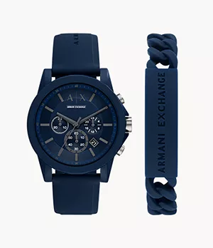 Armani Exchange Chronograph Blue Silicone Watch and Bracelet Gift Set