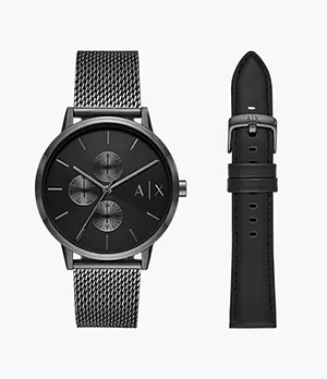 Armani Exchange Multifunction Gunmetal-Tone Stainless Steel Mesh Watch Gift Set