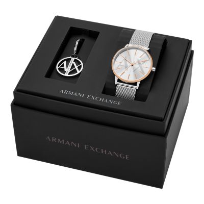 Armani Exchange Three-Hand Stainless Steel Watch and Key Ring Gift Set -  AX7130SET - Watch Station