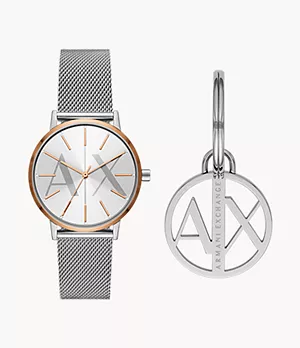 Coffret cadeau avec montre à trois aiguilles en acier inoxydable et anneau porte-clés Armani Exchange