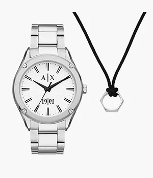 Armani Exchange Three-Hand Stainless Steel Watch and Necklace Gift Set