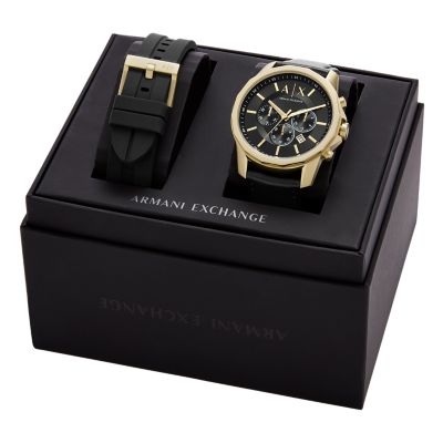 Armani Exchange Chronograph Black Leather Watch Gift Set