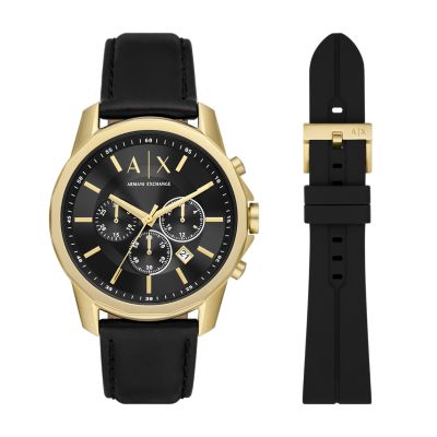 Armani Exchange Men's Chronograph Black Leather Watch Gift Set - Black