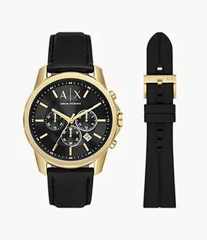 Coffret cadeau de montre Armani Exchange chronographe en cuir noir
