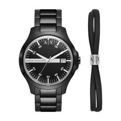 Armani Exchange Geschenkset Uhr 3-Zeiger-Werk - schwarz Station Edelstahl AX7134SET - Datum Watch Armband