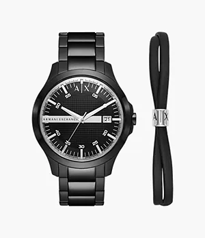 Coffret cadeau montre Armani Exchange à trois aiguilles avec date en acier inoxydable, noire, et bracelet
