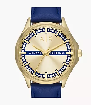 Armani Exchange Three-Hand Blue Leather Watch and Bracelet Gift Set