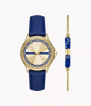 Coffret cadeau Armani Exchange avec montre à trois aiguilles et bracelet en cuir bleu