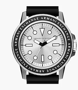 Armani Exchange Three-Hand Black Silicone Watch and Topring Gift Set