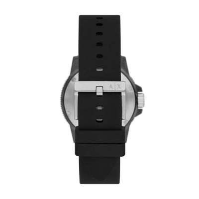 Armani Exchange Three-Hand Black Silicone Watch and Topring Gift