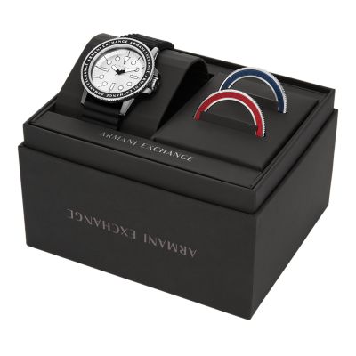 Station 3-Zeiger-Werk - - Lünetten Armani Silikon Watch AX7136SET Geschenkset schwarz Exchange Uhr