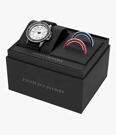 Armani Exchange Geschenkset Uhr 3-Zeiger-Werk Silikon schwarz Lünetten -  AX7136SET - Watch Station
