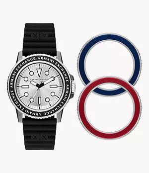 Coffret cadeau Armani Exchange avec montre à trois aiguilles en silicone noir et anneau supérieur