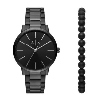 Armani Exchange Three-Hand Black Stainless Steel Watch and Bracelet Gift Set