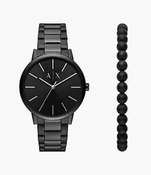 Armani Exchange Three-Hand Black Stainless Steel Watch and Bracelet Gift Set