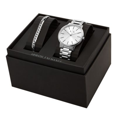 Armani Exchange Three-Hand Stainless Steel Watch and Bracelet Gift