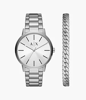 Armani Exchange Three-Hand Stainless Steel Watch and Bracelet Gift Set