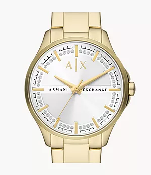 Coffret cadeau avec montre à trois aiguilles en acier inoxydable ton or et bracelet Armani Exchange