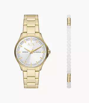 Armani Exchange Geschenkset Armband Uhr 3-Zeiger-Werk Edelstahl goldfarben