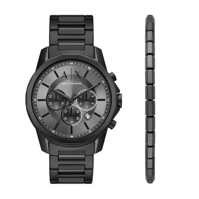 Armani Exchange Chronograph Black Stainless Steel Watch and Bracelet Gift  Set