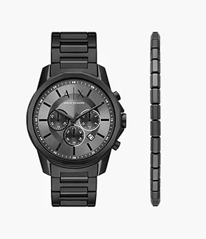 Coffret cadeau montre Armani Exchange chronographe en acier inoxydable, noir, avec bracelet