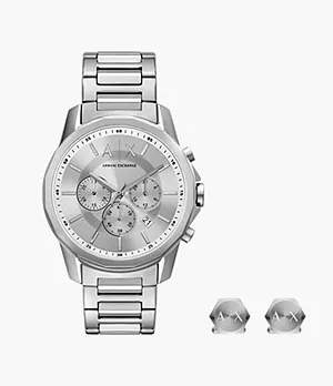 Coffret cadeau montre Armani Exchange chronographe en acier inoxydable avec boutons de manchette