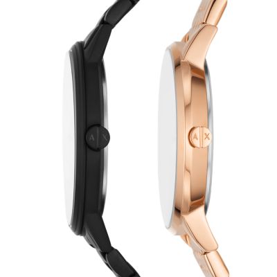 Armani Exchange Three-Hand Black and Rose Gold-Tone Stainless