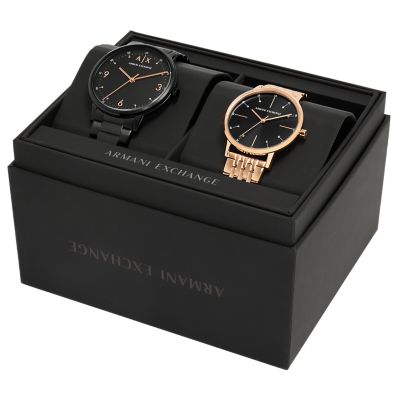 Armani Exchange Three-Hand Black and Rose Gold-Tone Stainless