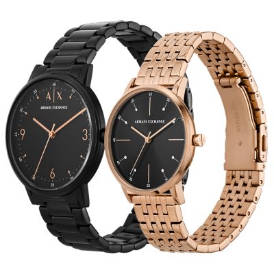 Armani Exchange Three-Hand Black and Rose Gold-Tone Stainless Steel Watch  Gift Set - AX7143SET - Watch Station