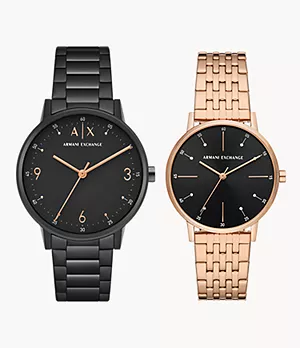Armani Exchange Three-Hand Black and Rose Gold-Tone Stainless Steel Watch Gift Set