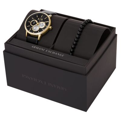 Armani Exchange Multifunction Black Leather Watch and Black Onyx 