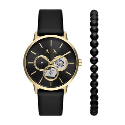 Armani Exchange Multifunction Black Leather Watch and Black Onyx