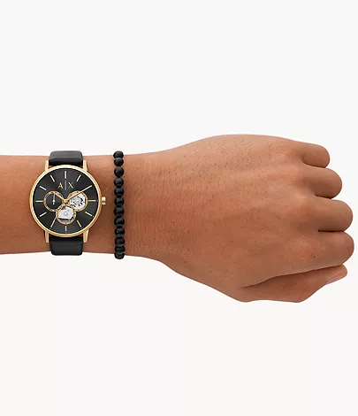 and Armani - Leather Watch Bracelet Multifunction Beaded - Black Set Watch AX7146SET Onyx Exchange Black Station