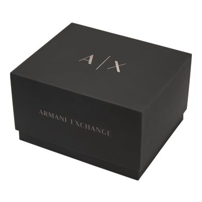 Armani Exchange Three-Hand Day-Date Black Leather Watch and Black