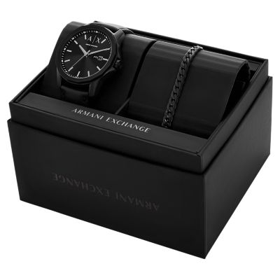 Armani Exchange Three Hand Day Date Black Leather Watch and Black