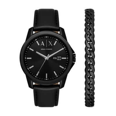 Armani Exchange Three-Hand Day-Date Black Leather Watch and Black