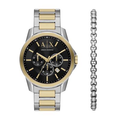 Armani Exchange Chronograph Two Tone Stainless Steel Watch and Bracelet Set