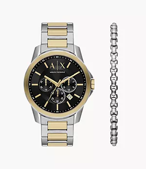 Ensemble de montre chronographe et de bracelet Armani Exchange en acier inoxydable bicolore