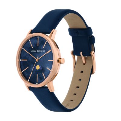 Armani Exchange Set Uhr AX7149SET - roségoldfarben Mondphase blau Multifunktionswerk - Station Kette Metall Watch Leder