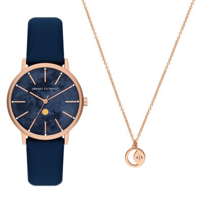 - Multifunktionswerk Exchange Kette Watch Armani Metall Uhr Mondphase Set blau roségoldfarben Station Leder - AX7149SET