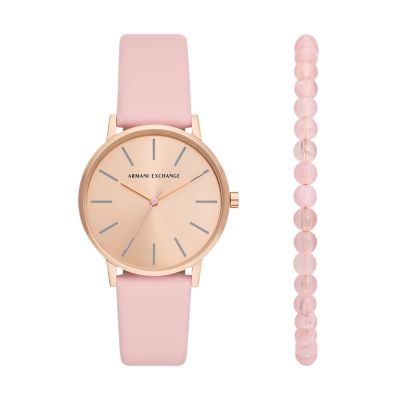 Armani Exchange Three-Hand Pink Leather Watch and Bracelet Set