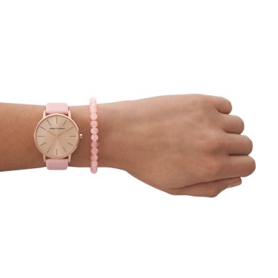 Armani Exchange Three-Hand Pink Leather Watch and Bracelet Set