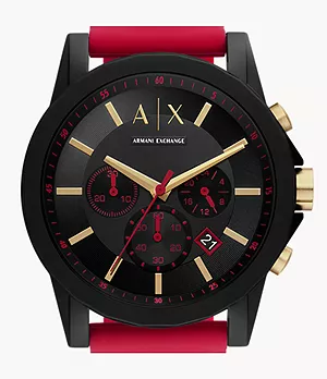 Ensemble de montre chronographe et d’étiquette de bagages Armani Exchange en silicone rouge