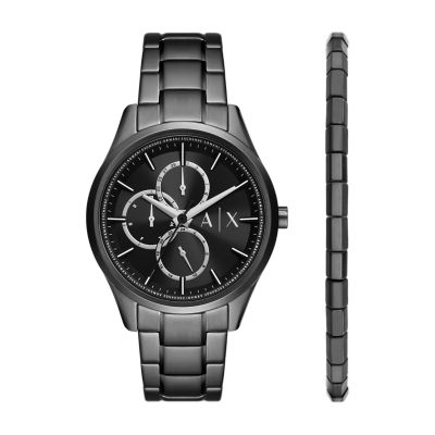 Armani Exchange Men's Multifunction Black Stainless Steel Watch And Bracelet Set - Black