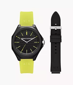 Armani Exchange Three-Hand Yellow Silicone Watch and Strap Set