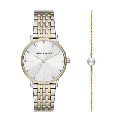 Armani Exchange Women's Three-Hand Two-Tone Stainless Steel Watch And Bracelet Set - Gold / Silver