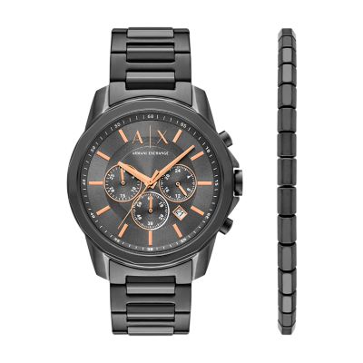 Gunmetal for Coffret cadeau montre chronographe et bracelet Armani Exchange en acier inoxydable, gris acier
