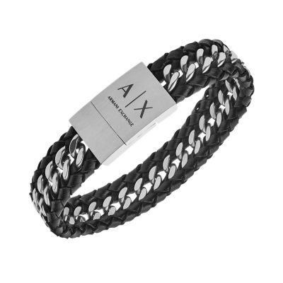 Armani Exchange Black Chain Leather Bracelet